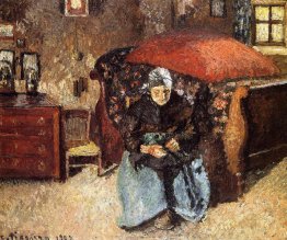 Donna anziana Mending vecchi vestiti, Moret