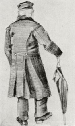 L'uomo orfano con lungo cappotto e ombrello, visto da tergo