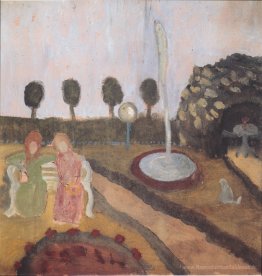 Due donne in giardino con fontana