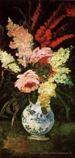 Vaso con gladioli e lilla