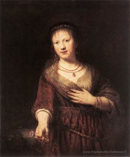 Saskia con un fiore rosso