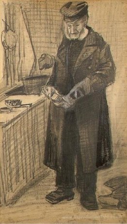 L'uomo orfano con lungo cappotto di pulizia Stivali