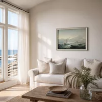 Vista sul mare con nave a vela in mare agitato — Rifugio sulla costa